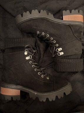 JUSTFAB NWOT Black Suede Lug Sole Ankle Boots with Brown Stacked Heel